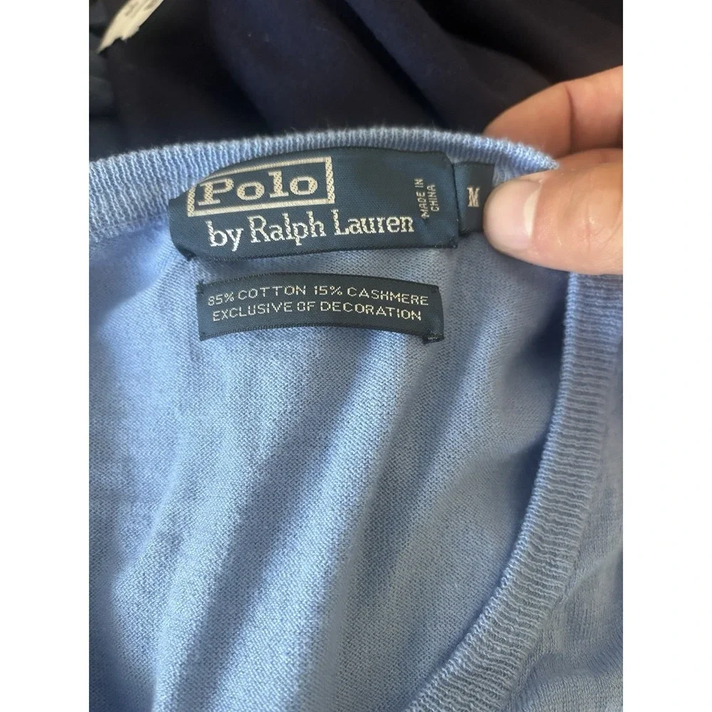Polo Ralph Lauren Sweater Mens Medium Blue Cashmere Blend V Neck Pullover Preppy
